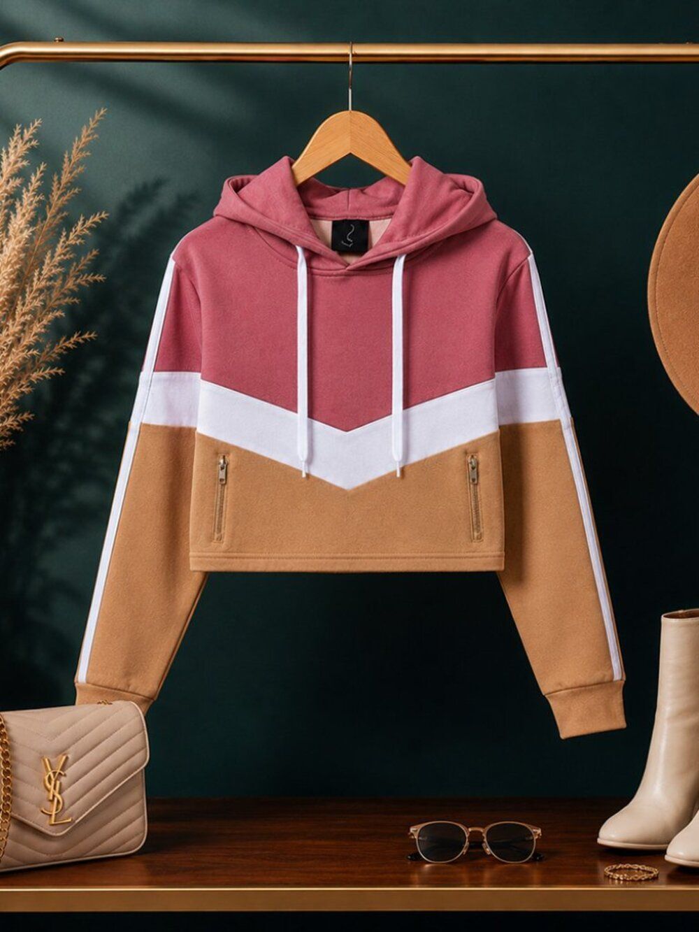 Cropped Hoodie Mauve Camel Colorblock Size M Zip Pockets Streetwear